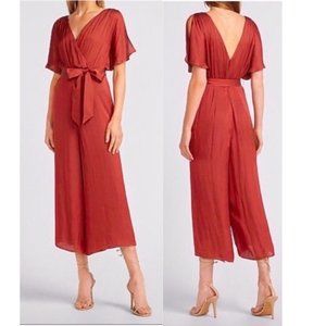 Express Copper Crinkle Surplice Lined Jumpsuit XS Split Sleeve Wide Leg Tie Belt